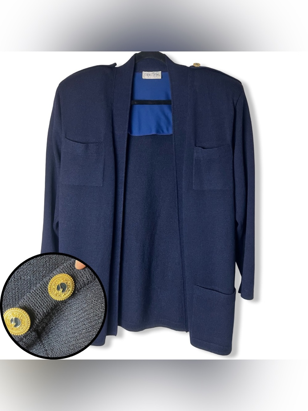 Vintage Marie St John Knit Blazer Jacket Navy Blue Enamel SJ Buttons 80s L